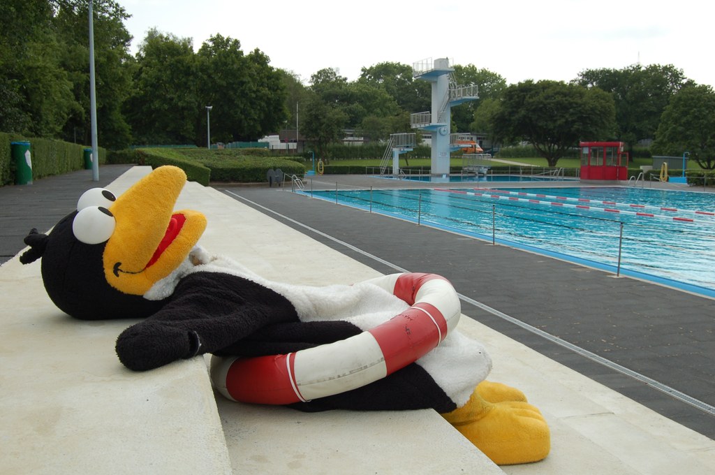 Stadtwerke-Maskottchen Fridolin sehnt den baldigen Start der Freibadesaison im Südbad herbei.