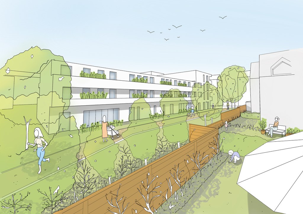 Neuss entwickelt 2023 – Annostraße #1 Architekturzeichnung des Bereichs hinter den neuen Wohnungen.