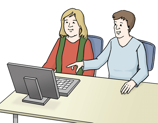 ls_assistenz-computer.png Eine Frau zeigt einer anderen Frau etwas am Computer.