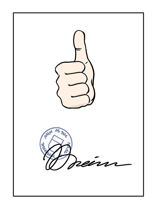 ls_zusage.png Zusage: Papier mit Stempel und Unterschrift und dem Zeichen: Daumen hoch.